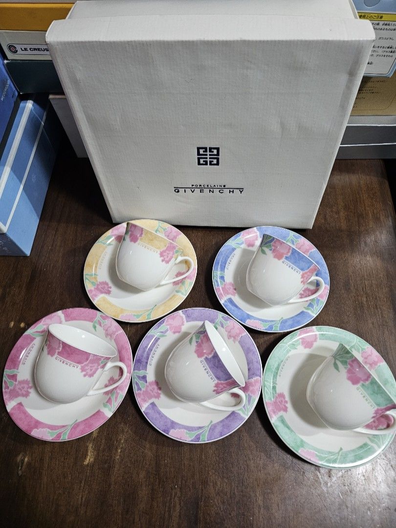 SALE❗️GIVENCHY Floral - 5 Duos (Category: Coffee & Tea Tableware) located in Quezon City. Submitted by senyoramaria (Listing ID 1452871229, Image 1). Description: GIVENCHY Porcelaine Floral pattern 5 Duos Cups 3.1 inches rim diameter 2.6 inches tall Saucers 5.8 inches in diameter Brandnew with box. Php4000❗️.
