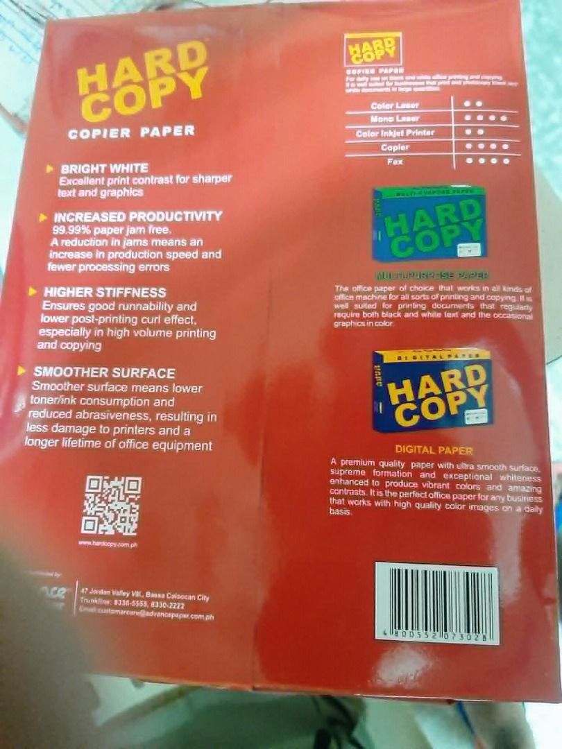 Hard Copy Copier Paper - 70gsm, Letter Size, 500 Sheets (Category: Printers, Scanners & Copiers) located in Caloocan City. Submitted by mx5a86 (Listing ID 1452713086, Image 1). Description: - Brand: Hard Copy - Type: Copier Paper - GSM: 70gsm - Size: Letter (8.5" x 11") - Sheets per Ream: 500 - Color: Bright White - Features: - Sharp prints and graphics - Increased productivity with fewer paper jams - Smoother surface for less ink consumption - R