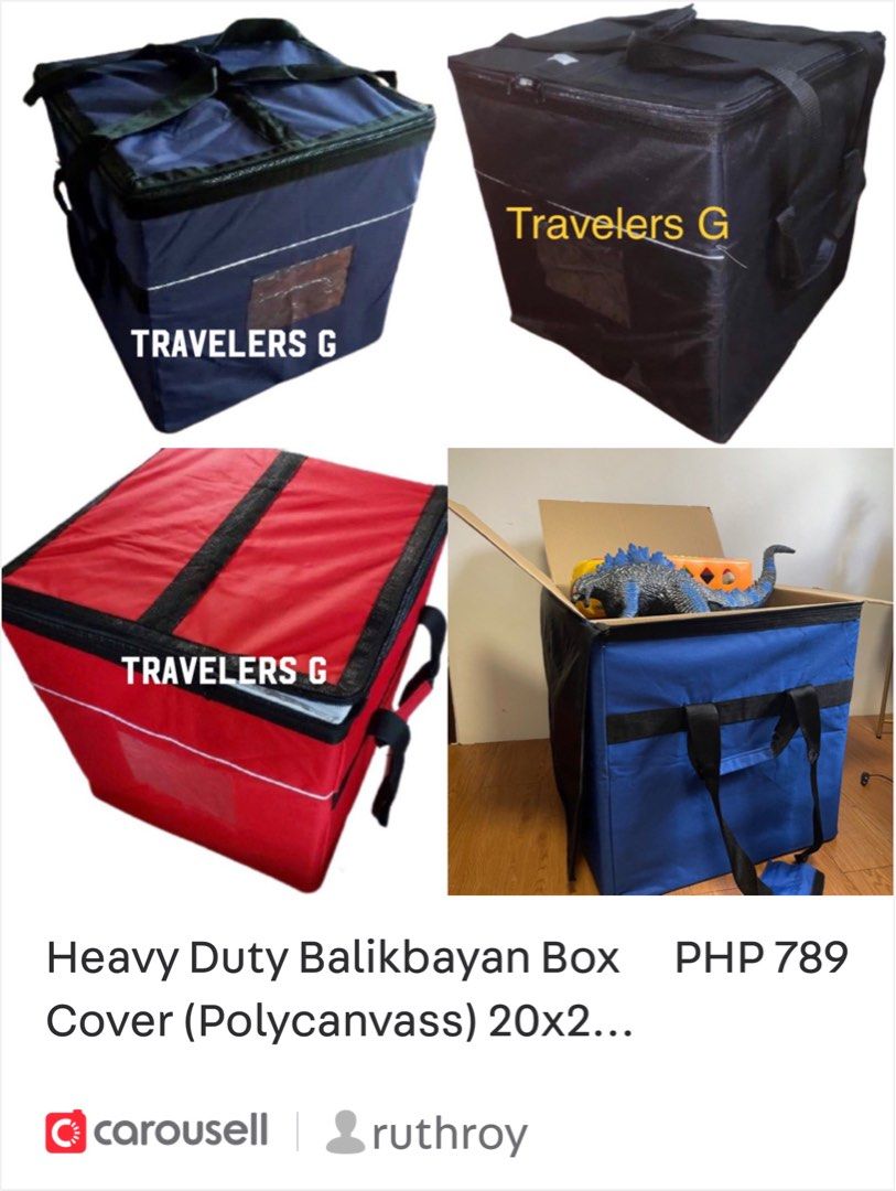 Heavy Duty Balikbayan Box Cover (Polycanvass) 20x2... (Category: Storage Boxes & Baskets) located in Quezon City. Submitted by ruthroy (Listing ID 1452721308, Image 2). Description: - Protect your balikbayan box with this heavy-duty cover. - Made from durable polycanvass for long-lasting protection. - Available in vibrant blue and classic red. - Designed to fit standard balikbayan box sizes. - Keeps your precious cargo safe and secure during tran