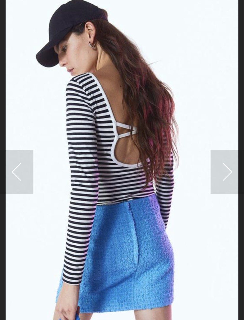 H&M Striped Backless Long Sleeve Top L (Category: Sets or Coordinates) located in Pasig City. Submitted by loveanca (Listing ID 1452836387, Image 1). Description: Bought from H&M Malaysia; decluttering; used once; size L.