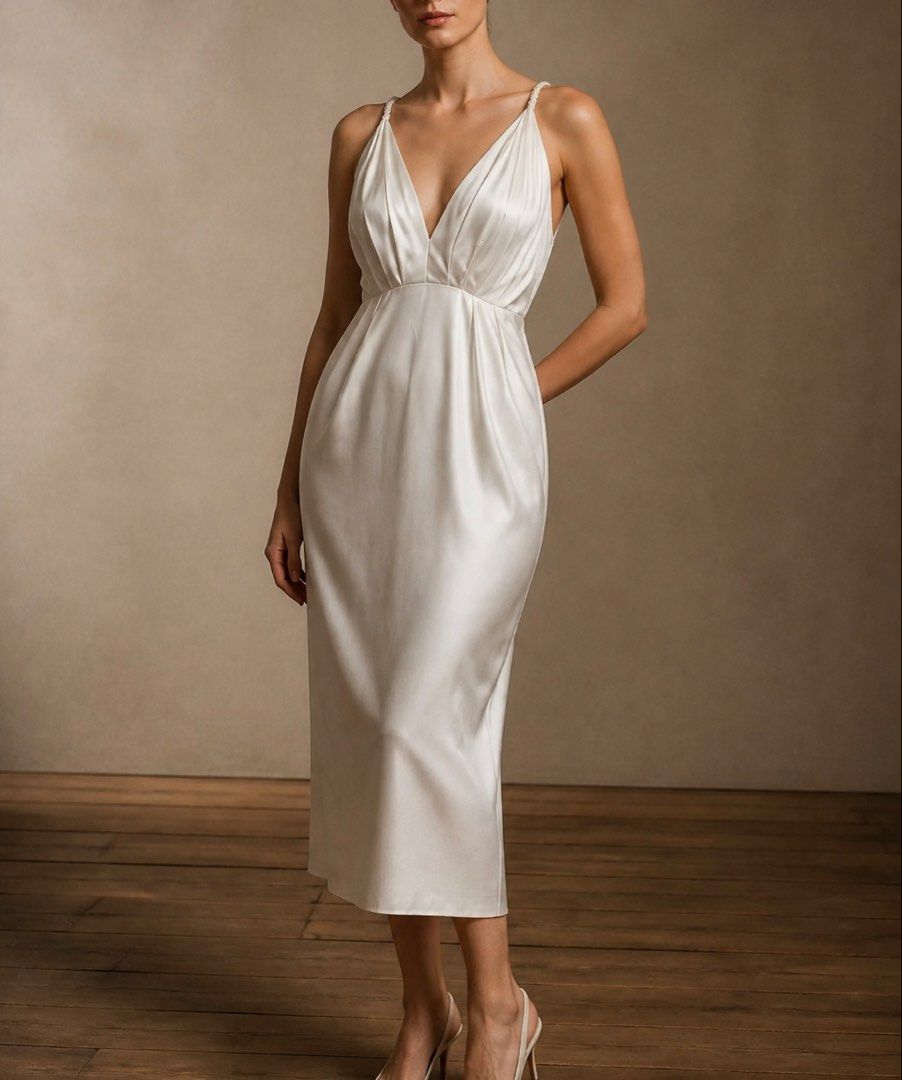 H&M White and Satin Midi Dress (Category: Dresses) located in Bulacan. Submitted by prefinds (Listing ID 1425758277, Image 2). Description: H&M White and Silk Dress 190 each Medium to Semi Large Pretty in actual.