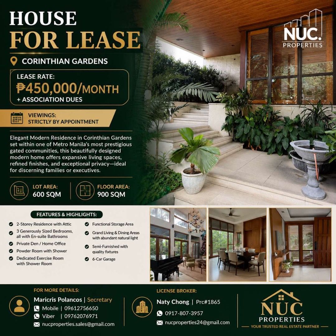 House For Lease Corinthian Gardens (Category: House & Lot) located in San Juan City. Submitted by nuc.properties (Listing ID 1435216039, Image 2). Description: House For Lease Corinthian Gardens Lease Rate: ₱450,000/month + association dues Viewings: Strictly by appointment Elegant Modern Residence in Corinthian Gardens set within one of Metro Manila’s most prestigious gated communities, this beautifully designed modern home offers expansive livi