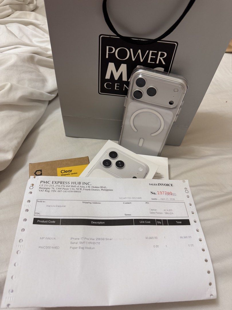 iPhone 17 Pro Max 256GB Silver (Category: iPhone X Series) located in Makati City. Submitted by selena143493 (Listing ID 1452808833, Image 3). Description: - iPhone 17 Pro Max - 256GB Storage - Color: Silver - Purchased from Power Mac Center - Limited Warranty expires April 26, 2027 - Battery Health: 100% Maximum Capacity - Cycle Count: 33 - Includes original box and paper bag.