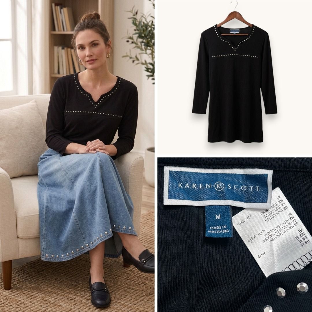 KAREN SCOTT Studded Notch V-Neck Top (Category: Blouses) located in Las Pinas. Submitted by curatedbysharm (Listing ID 1452700951, Image 1). Description: chest width: 44” (unstretched) best fit: 38-42” chest 100% cotton, has natural stretch 📌 FREE SHIPPING on ₱1K+ orders 📋 To order: Send Name, Full Address, & Contact Info. Invoice will follow shortly as confirmation! 🎀.
