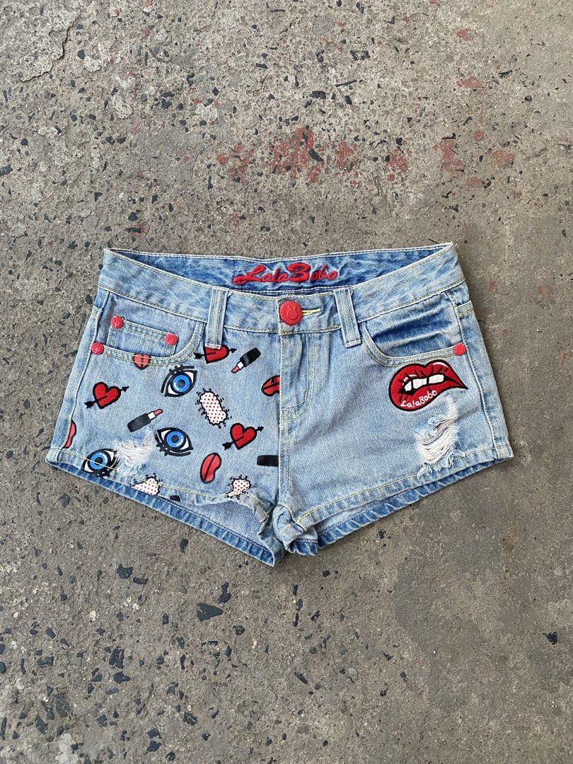 Lala BoBo Denim Shorts with Fun Patches (Category: Shorts) located in Quezon City. Submitted by un0oo (Listing ID 1452851819, Image 1). Description: Waist 30 Length 11 Thigh 10.5 .