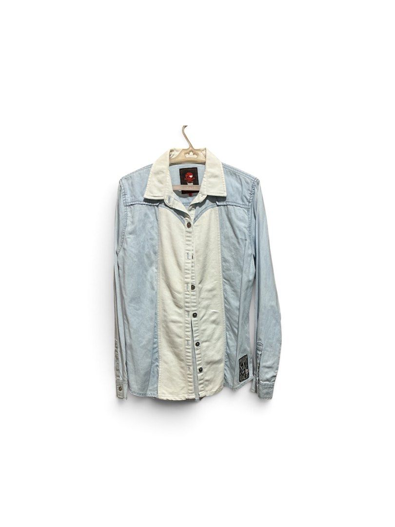 Light Wash Denim Shirt with Cream Panel (Category: Coats, Jackets and Outerwear) located in Antipolo. Submitted by joyeduarte175 (Listing ID 1452788739, Image 1). Description: - Long-sleeved denim shirt - Light blue wash - Cream-colored vertical panel down the front - Button-up closure - Lighter shade collar - Casual, everyday style - Great for layering or wearing solo.