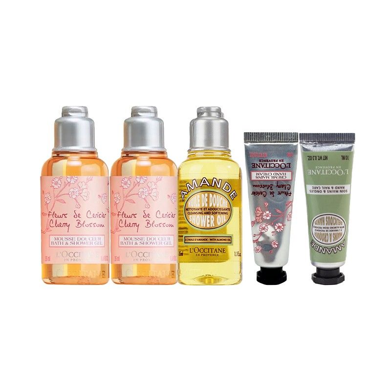 L'Occitane travel set (Category: Body Care) located in Cabuyao City. Submitted by marifyyy (Listing ID 1452760067, Image 3). Description: a mini travel set designed for moisturizing and care on the go or for gifting. The box contains: • two 35ml Cherry Blossom Bath & Shower Gels • one 35ml Almond Shower Oil • one 10ml Cherry Blossom Hand Cream •one 10ml Almond Hand Cream brand new, w/box ---- 📍Cabuyao, Laguna 🚛 Ships via J&T or LBC 🛻 Lalamove 
