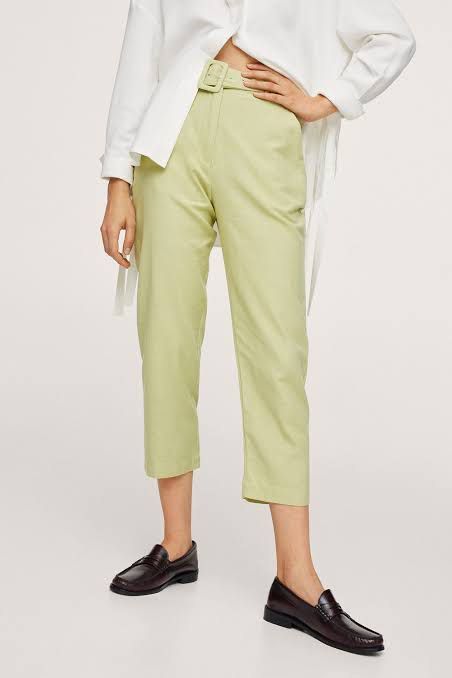 Mango Green Cotton Linen Belted Trousers (Category: Jeans) located in Pasig City. Submitted by shopsmart.mnl (Listing ID 1452713490, Image 1). Description: Worn once only 14” laid flat 33.5 length Has a very small dot stain on the belt see last pic.