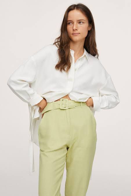Mango Green Cotton Linen Belted Trousers (Category: Jeans) located in Pasig City. Submitted by shopsmart.mnl (Listing ID 1452713490, Image 2). Description: Worn once only 14” laid flat 33.5 length Has a very small dot stain on the belt see last pic.