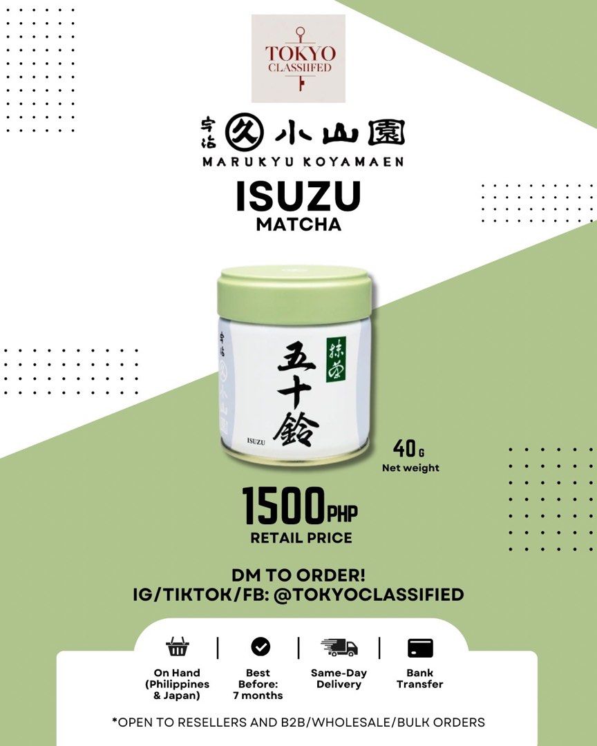 Marukyu Koyamaen Isuzu (Category: Other Food & Drinks) located in Pasig City. Submitted by music_angel (Listing ID 1452774987, Image 1). Description: MK Isuzu for sale. Best matcha for its minimal astringency and great taste. Perfect for matcha lovers. .