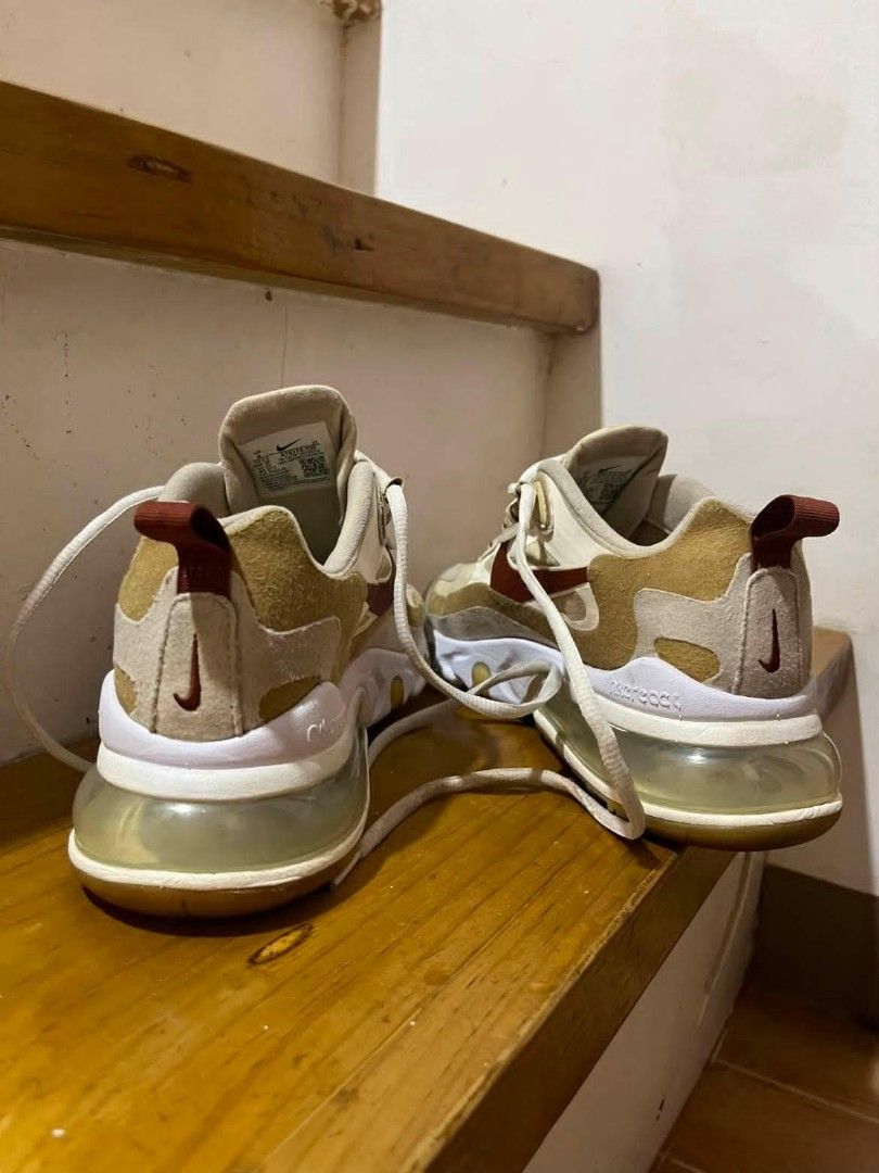 Nike Air Max 270 React Beige Maroon Sneakers (Category: Sneakers) located in Cebu City. Submitted by bundem.jdwooi (Listing ID 1452704558, Image 3). Description: Used w minor drags - Nike Air Max 270 React - Colorway: Beige and Maroon - Style: Comfortable and stylish - Ideal for: Everyday wear Php 1,500 +sf .