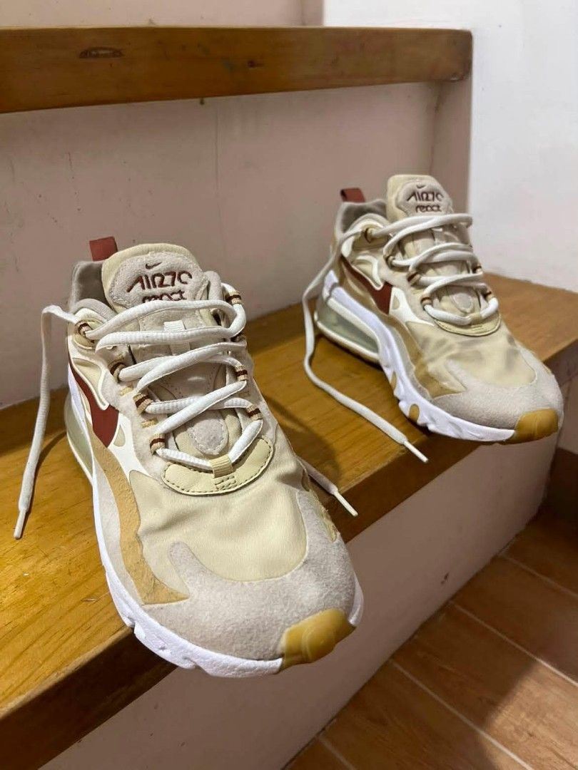 Nike Air Max 270 React Beige Maroon Sneakers (Category: Sneakers) located in Cebu City. Submitted by bundem.jdwooi (Listing ID 1452704558, Image 1). Description: Used w minor drags - Nike Air Max 270 React - Colorway: Beige and Maroon - Style: Comfortable and stylish - Ideal for: Everyday wear Php 1,500 +sf .