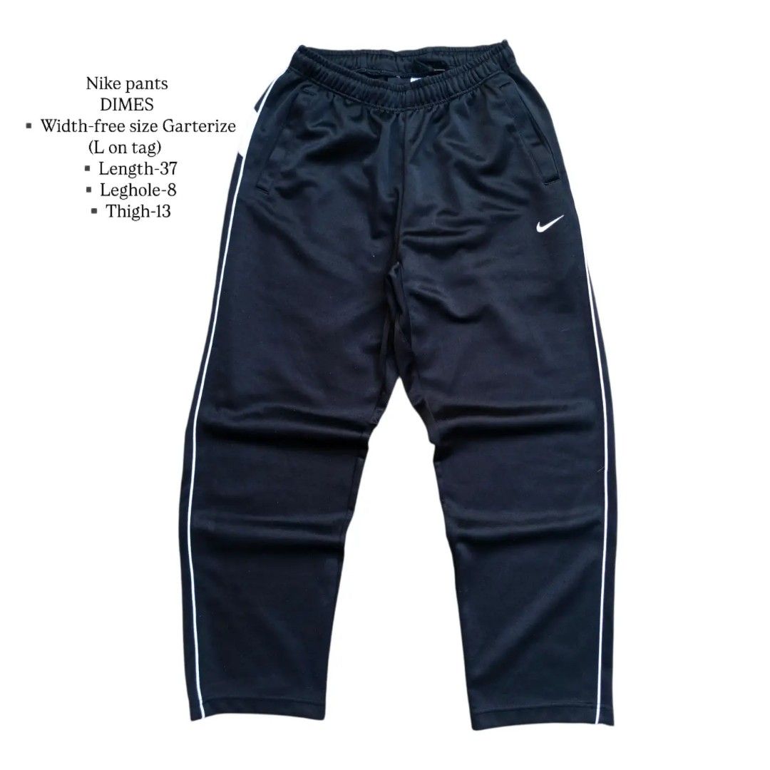 Nike DIMES Width-free Garterize Pants L Black (Category: Joggers) located in Caloocan City. Submitted by abadinasjo52338 (Listing ID 1452790699, Image 1). Description: - Black Nike pants - Size L - Garterized waist with drawstring - White piping along the sides - Two front pockets, two back pockets - Zippers at the ankle - Made of polyester.
