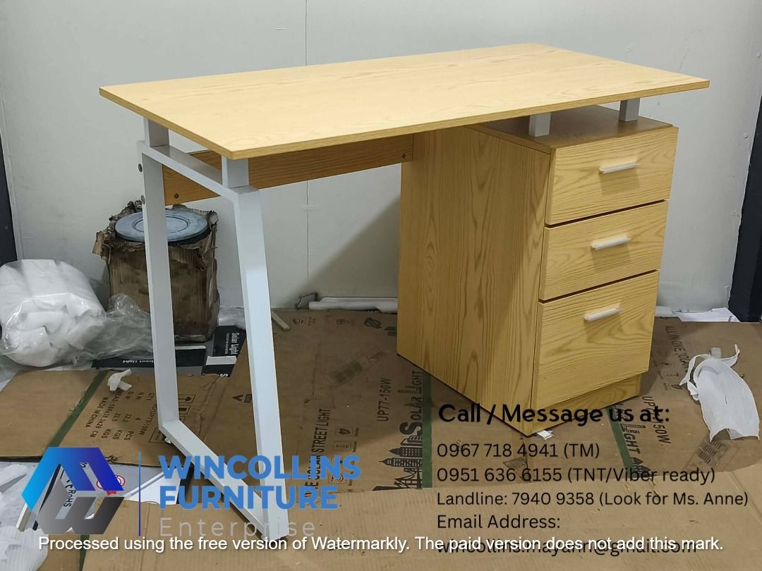 Office Table with side cabinet/drawers (Category: Tables & Sets) located in Manila. Submitted by wincollinsmayannrc (Listing ID 1452704266, Image 2). Description: Melamine scratch proof with metal leg pull out side drawers with lock, Color: Oak /Walnut Size: 110cmLx54cmDx76.