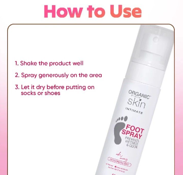Organic Skin Intimate Foot Spray Deodorizing Mist 60ml (Category: Fragrance & Deodorants) located in Makati City. Submitted by redisell (Listing ID 1452700932, Image 3). Description: - Prevents foot wetness and odor - Contains natural botanical extracts - No harmful chemicals - Helps heal and rescue skin - Keeps feet soft and moisturized all day - Premium formulation from Japan - How to use: Shake well, spray evenly on feet, let dry before wearin