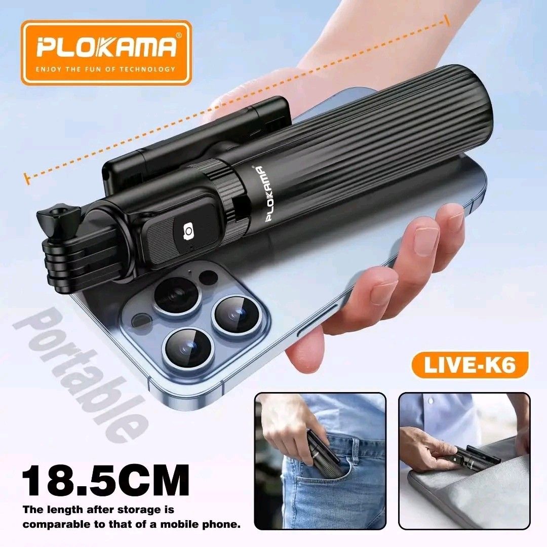 PLOKAMA LIVE-K6 Selfie Stick Tripod with Remote (Category: Tripods & Monopods) located in Manila. Submitted by marvieobordo (Listing ID 1452816996, Image 3). Description: - PLOKAMA LIVE-K6 Selfie Stick & Tripod - Extends from 18.5cm up to 100cm - Built-in stable tripod base - Phone holder: 270° tilt, 360° rotation - Wireless remote control included - Durable stainless steel construction - Perfect for photos and videos.