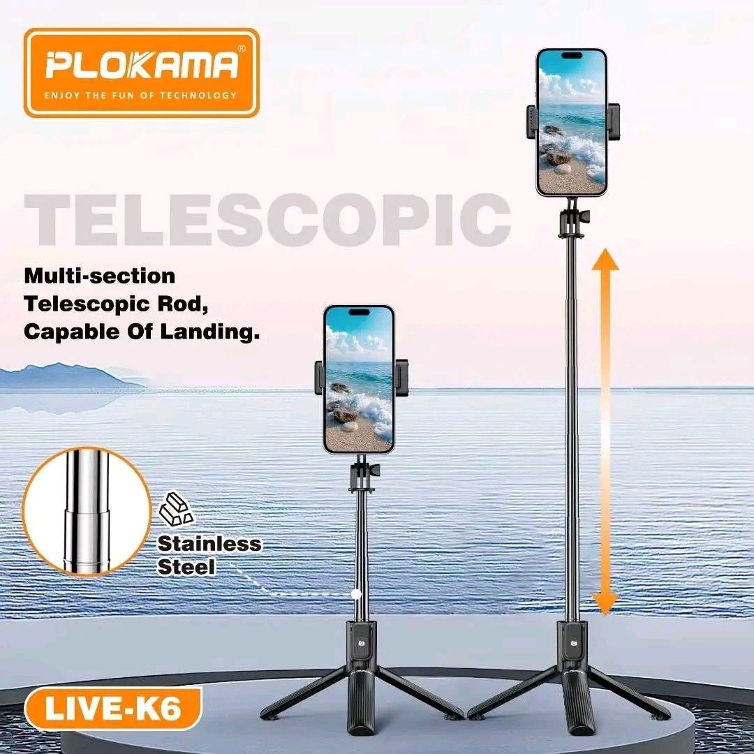 PLOKAMA LIVE-K6 Selfie Stick Tripod with Remote (Category: Tripods & Monopods) located in Manila. Submitted by marvieobordo (Listing ID 1452816996, Image 2). Description: - PLOKAMA LIVE-K6 Selfie Stick & Tripod - Extends from 18.5cm up to 100cm - Built-in stable tripod base - Phone holder: 270° tilt, 360° rotation - Wireless remote control included - Durable stainless steel construction - Perfect for photos and videos.