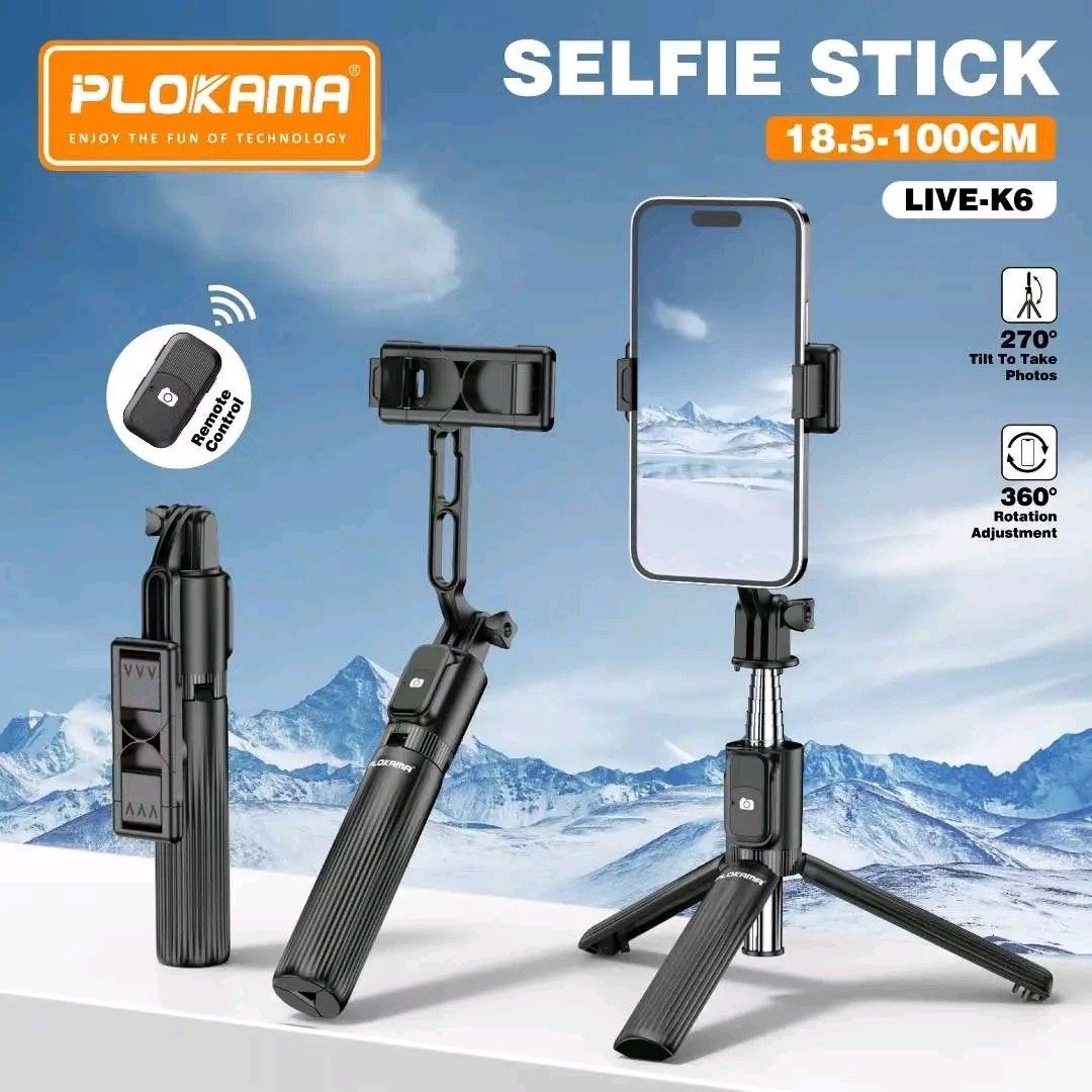 PLOKAMA LIVE-K6 Selfie Stick Tripod with Remote (Category: Tripods & Monopods) located in Manila. Submitted by marvieobordo (Listing ID 1452816996, Image 1). Description: - PLOKAMA LIVE-K6 Selfie Stick & Tripod - Extends from 18.5cm up to 100cm - Built-in stable tripod base - Phone holder: 270° tilt, 360° rotation - Wireless remote control included - Durable stainless steel construction - Perfect for photos and videos.