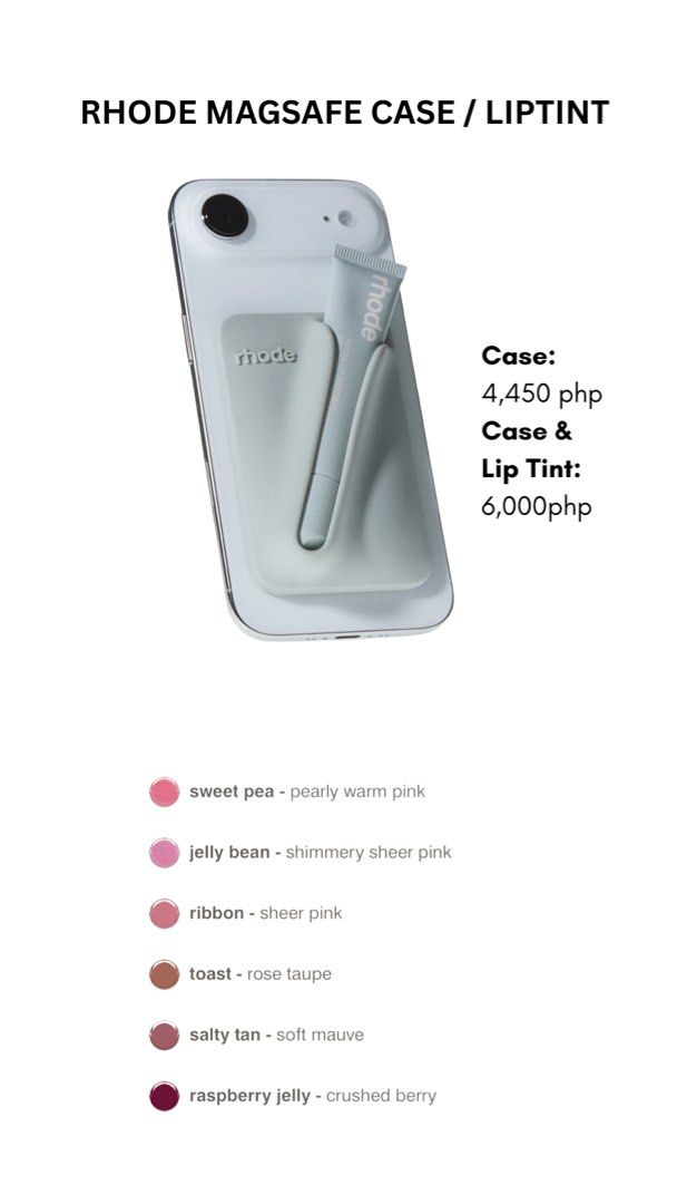 Rhode Magsafe phone case (Category: Cases & Sleeves) located in Taguig. Submitted by sourcedbym (Listing ID 1452811309, Image 1). Description: New! Pricing above. 4450 php case only 6000 php case + lop.