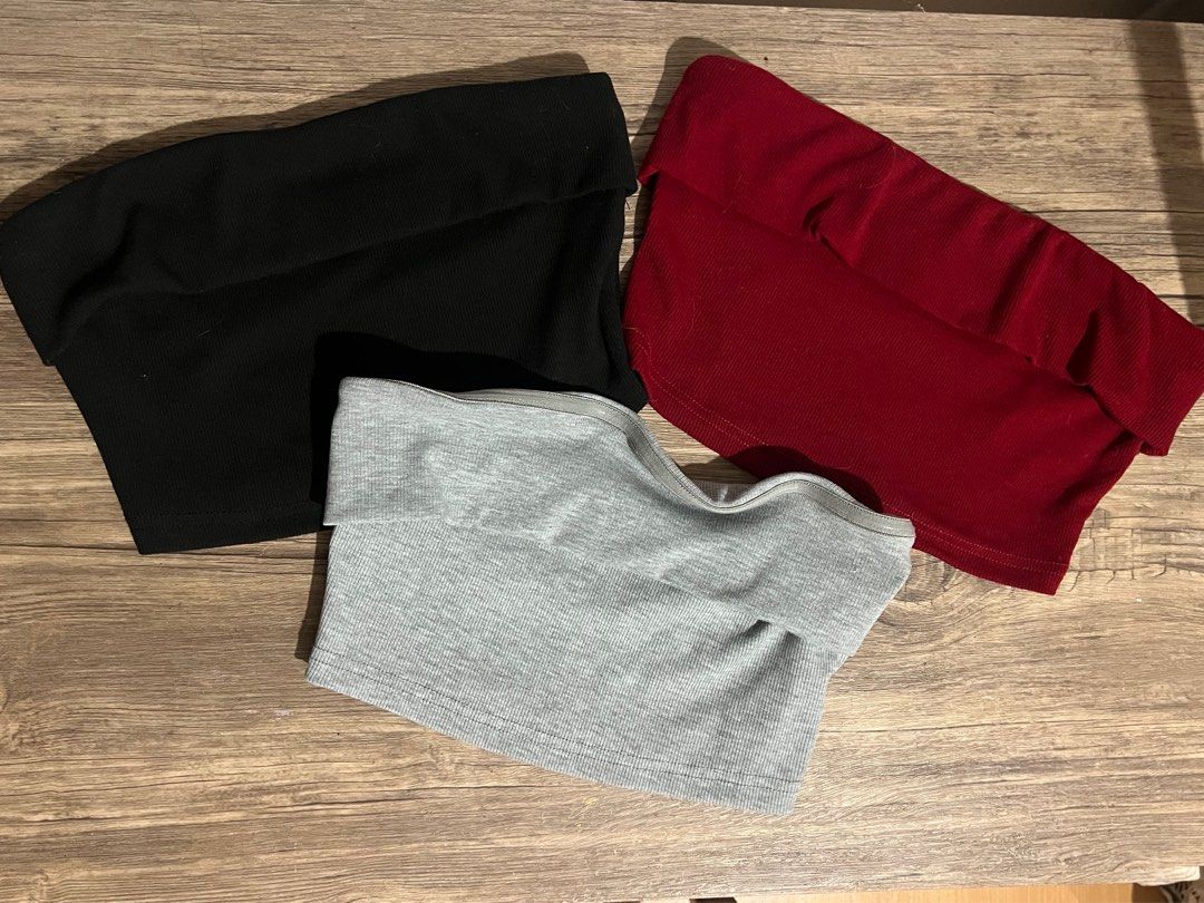 SHEIN ribbed tube top (Category: Sleeveless) located in Makati City. Submitted by nat____ (Listing ID 1452835920, Image 1). Description: - red and black XS - grey XXS - 220 EACH - 580 TAKE ALL - very good condition, no signs of usage.