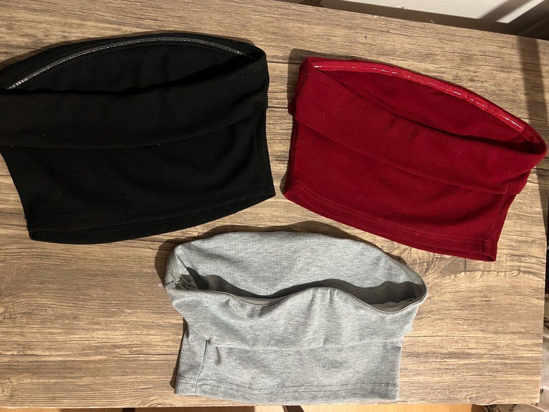 SHEIN ribbed tube top (Category: Sleeveless) located in Makati City. Submitted by nat____ (Listing ID 1452835920, Image 2). Description: - red and black XS - grey XXS - 220 EACH - 580 TAKE ALL - very good condition, no signs of usage.