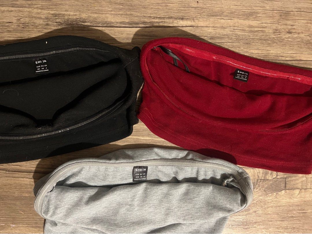 SHEIN ribbed tube top (Category: Sleeveless) located in Makati City. Submitted by nat____ (Listing ID 1452835920, Image 3). Description: - red and black XS - grey XXS - 220 EACH - 580 TAKE ALL - very good condition, no signs of usage.