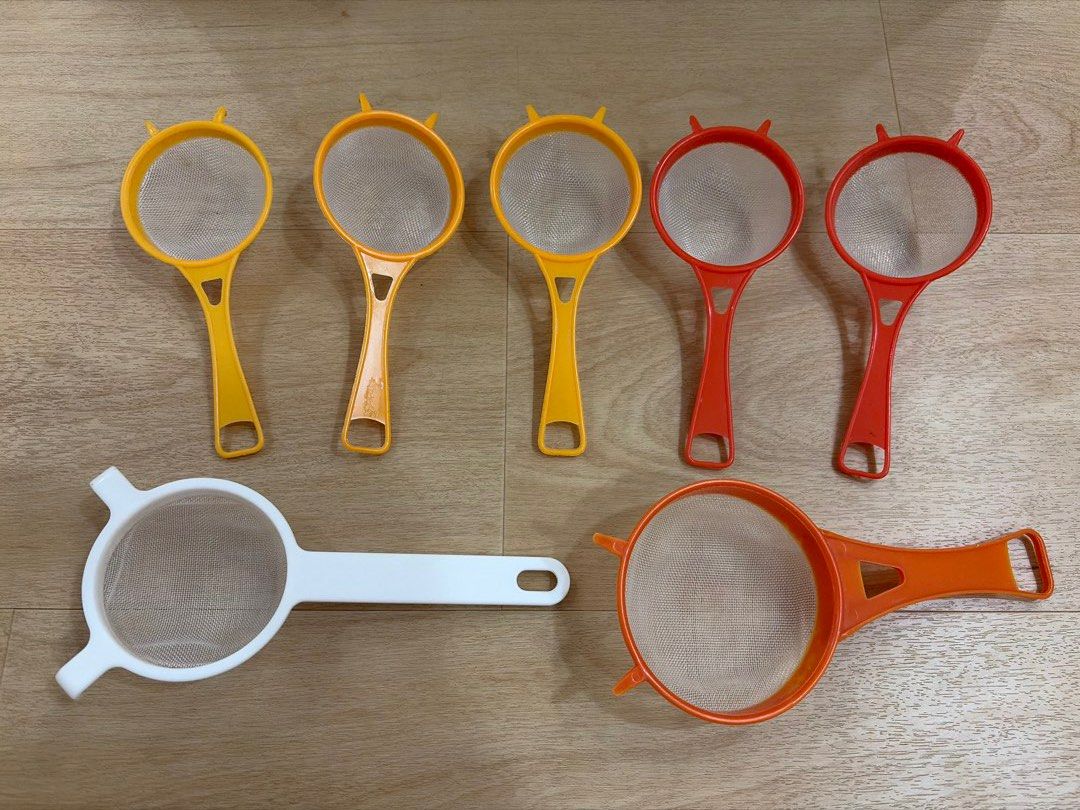 Sieves - assorted (Category: Other Kitchenware & Tableware) located in Singapore. Submitted by beibeixiong (Listing ID 1452752521, Image 1). Description: Mini sieve: $1 Small sieve (white): $2 Medium sieve (orange): $2.50.