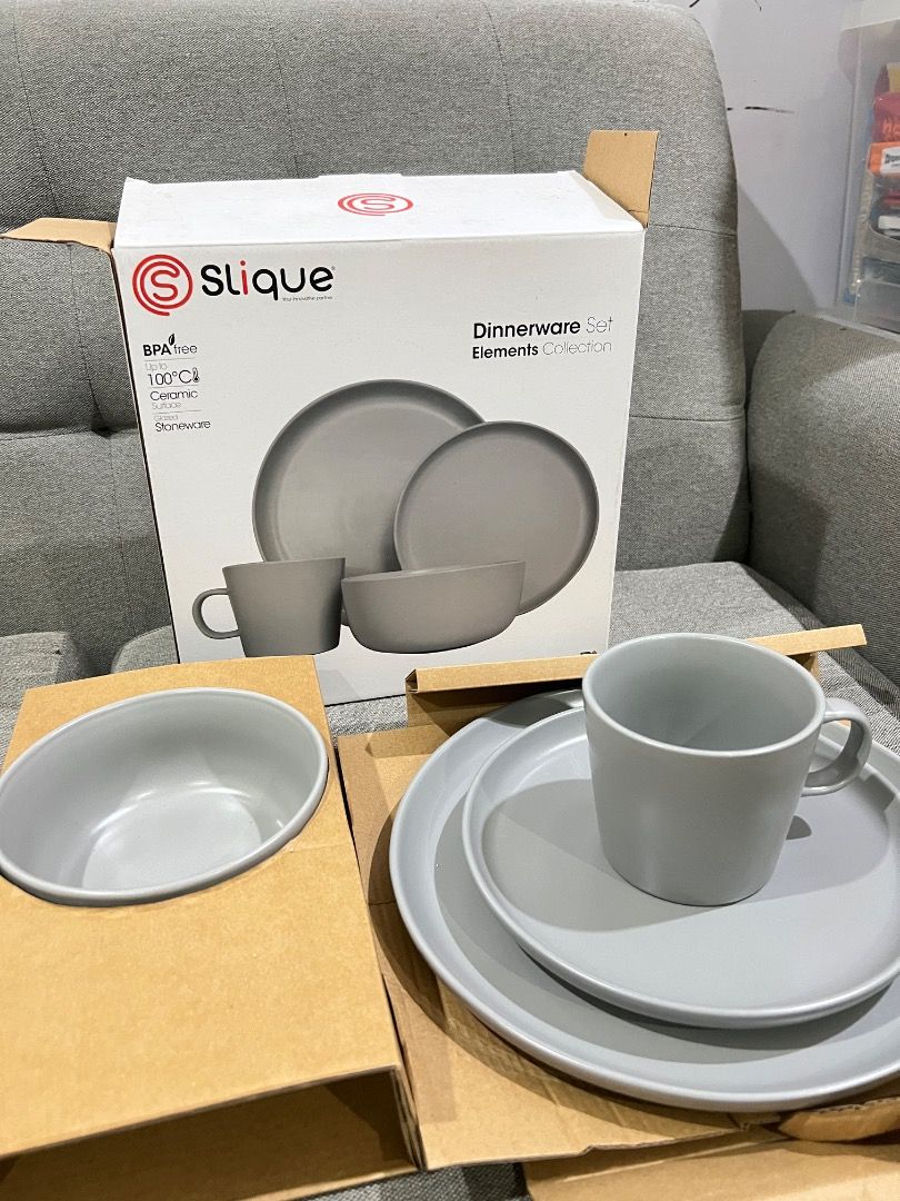 Slique Elements Collection Dinnerware Set - Grey Ceramic (Category: Dinnerware & Cutlery) located in Caloocan City. Submitted by lilfinds (Listing ID 1452834384, Image 3). Description: - Slique Elements Collection Dinnerware Set - Material: Ceramic - BPA-Free - Heat Resistant: Up to 100°C - Includes: Plates, Bowls, Cups - Color: Neutral Grey - Ideal for: Everyday use or special occasions - Condition: Original packaging included.