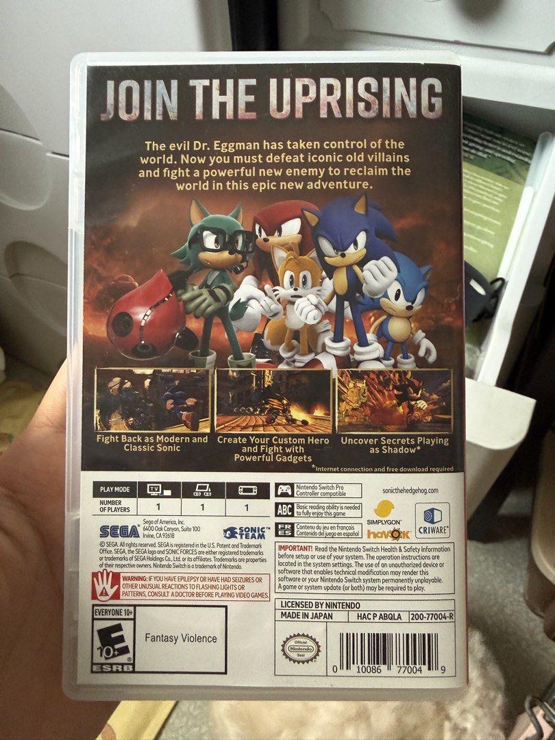 Sonic Forces Nintendo Switch Game (Category: Nintendo) located in Quezon City. Submitted by Decluttererqc (Listing ID 1452737008, Image 3). Description: - Sonic Forces for Nintendo Switch - Play as Modern Sonic, Classic Sonic, or your own Custom Hero - Join the uprising and defeat the evil Dr. Eggman - Uncover secrets and use powerful gadgets - Includes game cartridge and original case - Rated E10+ for Fantasy Violence.