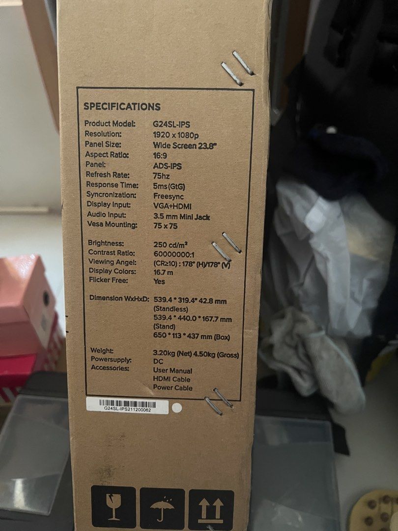 PC Monitor (Category: Monitor Screens) located in Manila. Submitted by ggielo (Listing ID 1452703953, Image 1). Description: - SpecterPro G24SL-IPS Monitor - 23.8-inch Full HD Display - IPS Panel for vibrant colors - 75Hz Refresh Rate - AMD Freesync Support - Ideal for Gaming & General Use - VGA + HDMI Inputs - Audio Jack Included - VESA Mount Compatible - Includes: User Manual, HDMI Cable, Power Cable RFS: Fund.