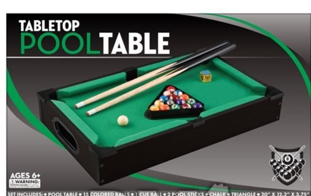 Tabletop Pool Table (Category: Billiards & Bowling) located in Singapore. Submitted by nomrtmeetups (Listing ID 1452708777, Image 1). Description: Tabletop Pool Table in good condition and in the original box, for anyone over 8 years old. Size is 20" x 12" x 4" . Please collect from my void deck in Bishan and cash payment preferred. Thanks.