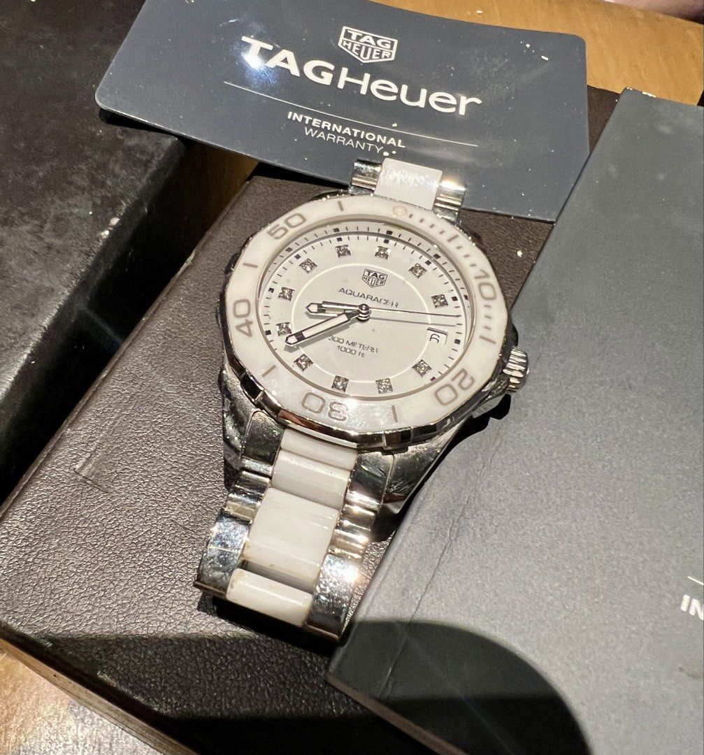 TAG HEUER Aquaracer Lady (Category: Luxury Watches) located in Quezon City. Submitted by yassismom (Listing ID 1452791069, Image 1). Description: 9/10 condition, good as new 31mm case size, Mother of Pearl Dial with box, warranty card, manual Sapphire Crystal, scratch resistant classy and elegant yet can be sporty bought for 100K+ decluttering preloved sells for 75K+ selling for only 60K!🔥🔥.