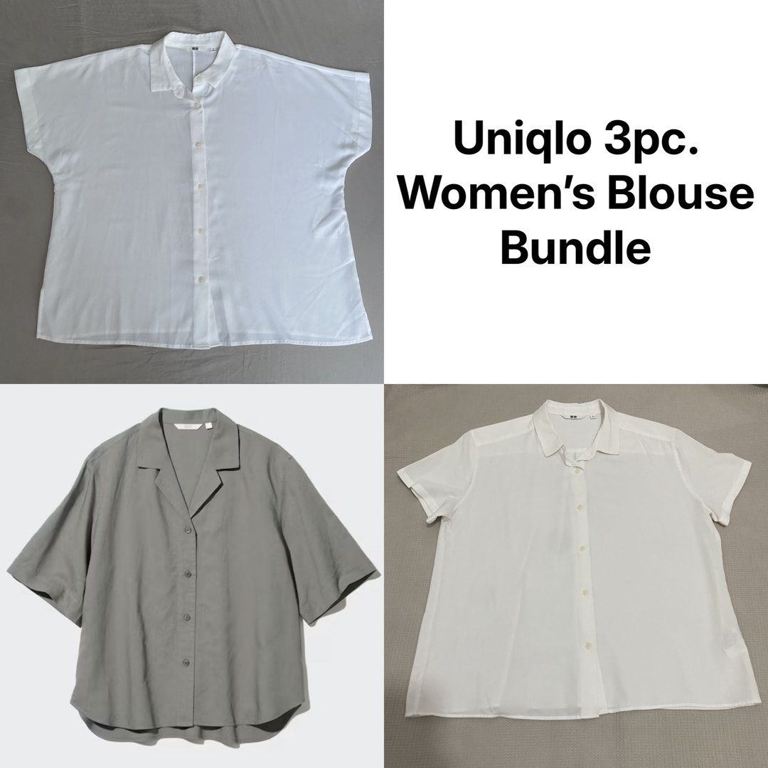 UNIQLO 3 PC. BUNDLE Women's Blouses (Category: Shirts) located in Quezon City. Submitted by ndrmkl (Listing ID 1449354716, Image 1). Description: Get 3 Uniqlo tops for the price of 1 🥳 Bundle Inclusions: 1 UNIQLO Linen Blend Open Collar Short Sleeve Olive Shirt (Size S) 1 UNIQLO Rayon White Short Sleeve Button Up Blouse (old sleeve design - Size M) 1 UNIQLO Rayon White Short Sleeve Button Up Blouse (new sleeve design - Size M) 🚨TAKE ALL FOR ₱10