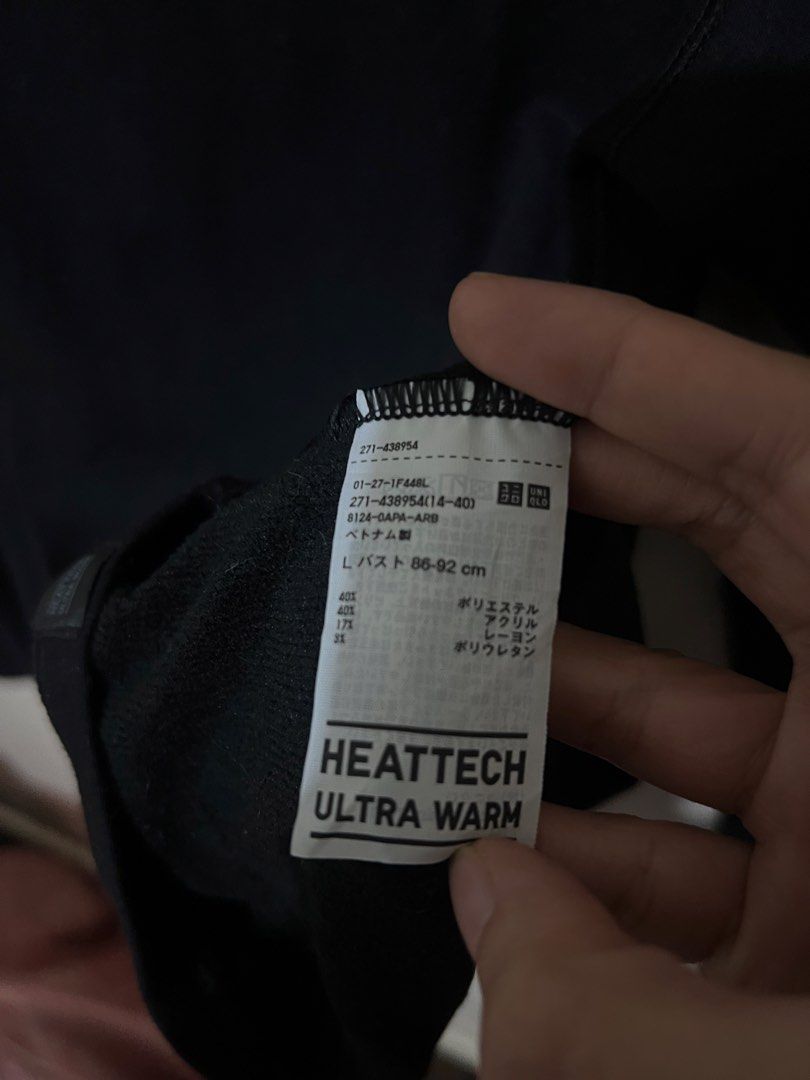 Women Uniqlo Heattech Ultra Warm (L) (Category: Longsleeves) located in Baguio. Submitted by trenchcoats.ph (Listing ID 1452815676, Image 2). Description: - Uniqlo Heattech Ultra Warm Long Sleeve Shirt - Color: Black - Size: L - Material: Polyester, Acrylic, Rayon, Polyurethane - Ideal for staying warm in cold weather - Comfortable and essential for layering.