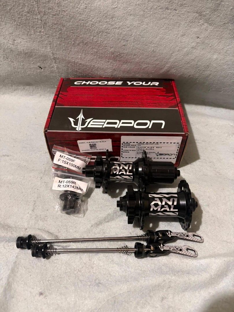 Weapon Animal Ratchet Hubs Black (Category: Bicycles) located in Manila. Submitted by drksknmark (Listing ID 1452852137, Image 1). Description: - Weapon Animal Ratchet Hubs (Black) - Front Hub: 15x100mm - Rear Hub: 12x142mm - Includes Quick Release Skewers - Perfect for bike upgrades - Please check photos for detailed condition.
