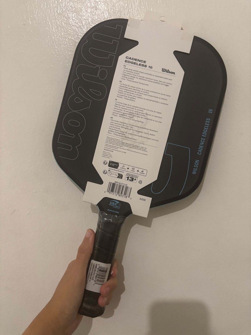 Wilson Cadence Edgeless 16 Pickleball Paddle (Category: Racket and Ball Sports) located in Quezon City. Submitted by chuck427 (Listing ID 1452713992, Image 2). Description: - Wilson Cadence Edgeless 16 Pickleball Paddle - Raw carbon surface for maximum spin - Designed for Control + Spin - USA Pickleball approved - Weight: 7.83 oz (222 g) - Dimensions: 8.25x15.75 in (21x40 cm) - Grip size: 4 1/4 in (11.9 cm) - Paddle thickness: 0.63 in (16 mm) - P