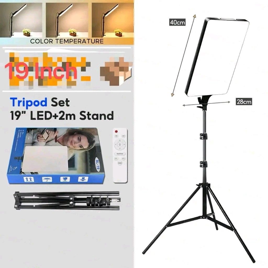 19-inch LED Panel Light with Tripod and Remote (Category: Lighting & Studio Equipment) located in Manila. Submitted by marvieobordo (Listing ID 1452924994, Image 2). Description: - 19-inch LED Panel Light (40cm x 28cm) - Three Color Temperatures (Adjustable) - Adjustable Brightness - High Brightness Output - Includes 2.1m (210cm) Retractable Stand - Comes with Remote Control - Ideal for Photography & Video Shoots.