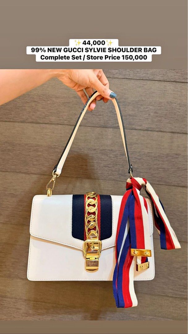 99% New Gucci Sylvie Shoulder Bag Complete Set (Category: Luxury Bags & Wallets) located in Manila. Submitted by sweetluxuryph (Listing ID 1453046604, Image 1). Description: - Gucci Sylvie shoulder bag - Condition: 99% new (like new) - Comes with complete set - Original store price: PHP 150,000 - Selling price: PHP 44,000 - Features: Beautiful, chic, and stylish - Versatile: Perfect for any occasion.