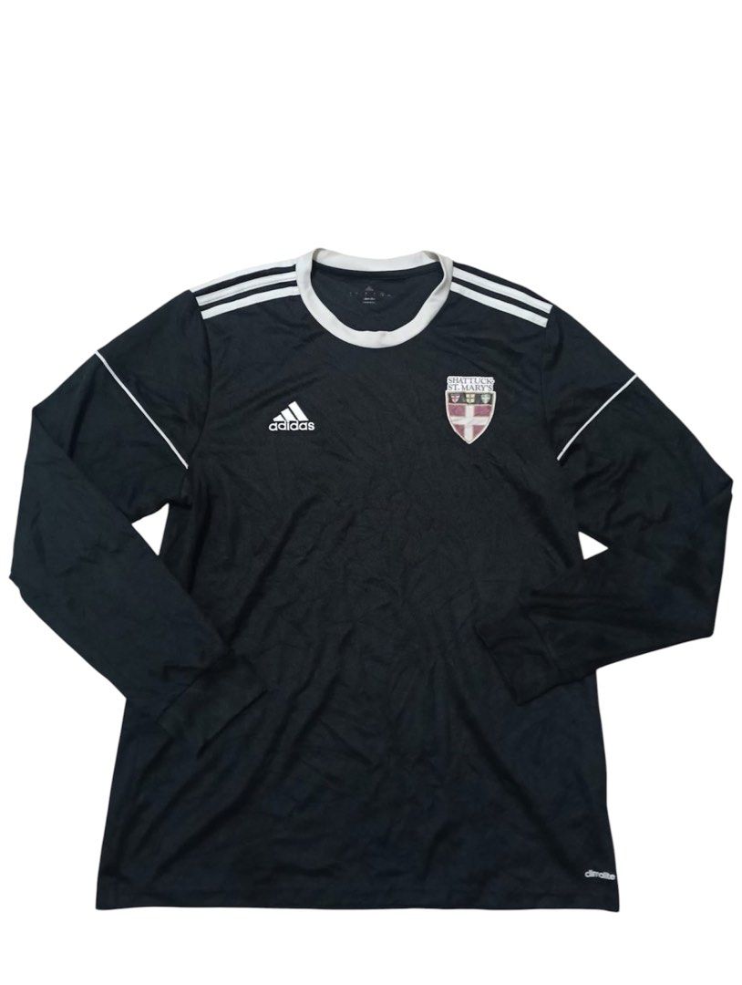 Adidas Climalite Longsleeve Soccer Jersey (Category: Activewear) located in Manila. Submitted by rarefindsgallery (Listing ID 1452920466, Image 1). Description: Black Adidas Long-sleeve Soccer Jersey features the Shattuck St. Mary’s crest. Brand: Adidas Size: Large Color: Black Team: Shattuck St. Mary’s Features: Long sleeves, white shoulder stripes, and white collar Material: 100% polyester with climalite technology for moisture management..