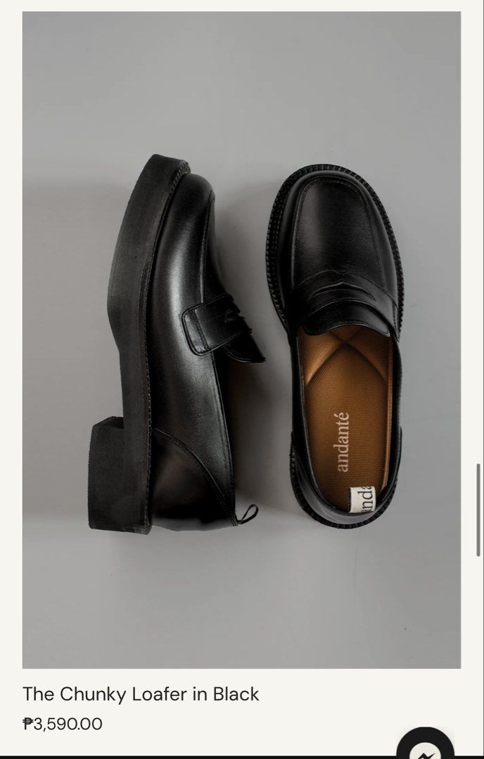 Andante chunky loafers black (Category: Loafers) located in Manila. Submitted by daniellepe91216 (Listing ID 1452890257, Image 3). Description: Hello! Bought this for an event. Used 3-4 times. Leather is still stiff di pa na break in. Some info about the loafers: 100% full grain leather upper ∙ Leather lining ∙ Aerifoam soft insole ∙ Back heel cushion ∙ 1.5” platform heel.
