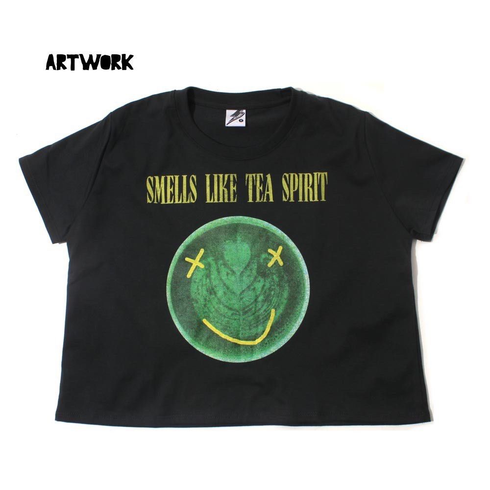 ARTWORK Nirvana Smells Like Tea Spirit Crop Top (Category: Shirts) located in Apalit. Submitted by trishy.stuff (Listing ID 1452966512, Image 3). Description: - wear once - color: charcoal black - dims: length- 21" width- 22.5" - original price: 699 - selling price: 350 📍 Pampanga .