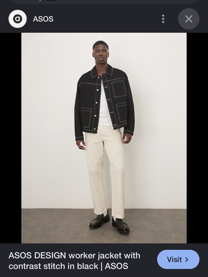 ASOS inspired Worker Jacket with Contrast Stitch in Black (Category: Coats, Jackets and Outerwear) located in Manila. Submitted by commonselection (Listing ID 1452883947, Image 2). Description: ASOS inspired black worker jacket Length: 27 inches Pit to pit: 23 inches.