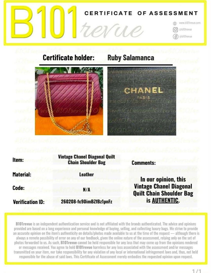 Authentic Vintage Chanel Diagonal Quilt Chain Shoulder Bag (Category: Luxury Bags & Wallets) located in Polomolok. Submitted by domingthriftclothes (Listing ID 1453013862, Image 2). Description: - Authentic Vintage Chanel Shoulder Bag - Diagonal Quilt Design - Rich Burgundy Leather - Gold Hardware - Authenticity Verified by B101revue (Certificate Included) - Dust Bag Included - Please review photos for detailed condition.
