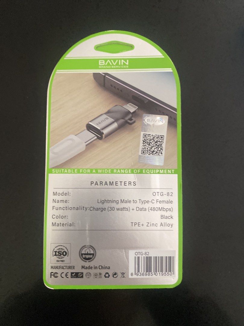 Bavin OTG Lightning to USB C (Category: Cables & Adaptors) located in Taguig. Submitted by cosmickindle (Listing ID 1452902755, Image 2). Description: - Brand: Bavin - Model: OTG-82 - Type: Lightning Male to Type-C Female Adapter - Material: TPE + High-end Aluminum Alloy - Color: Black - Functionality: Supports PD 30W charging and 480Mbps data transfer - Design: Straight connector - Features: Stable transmission, efficient data transfer and charg