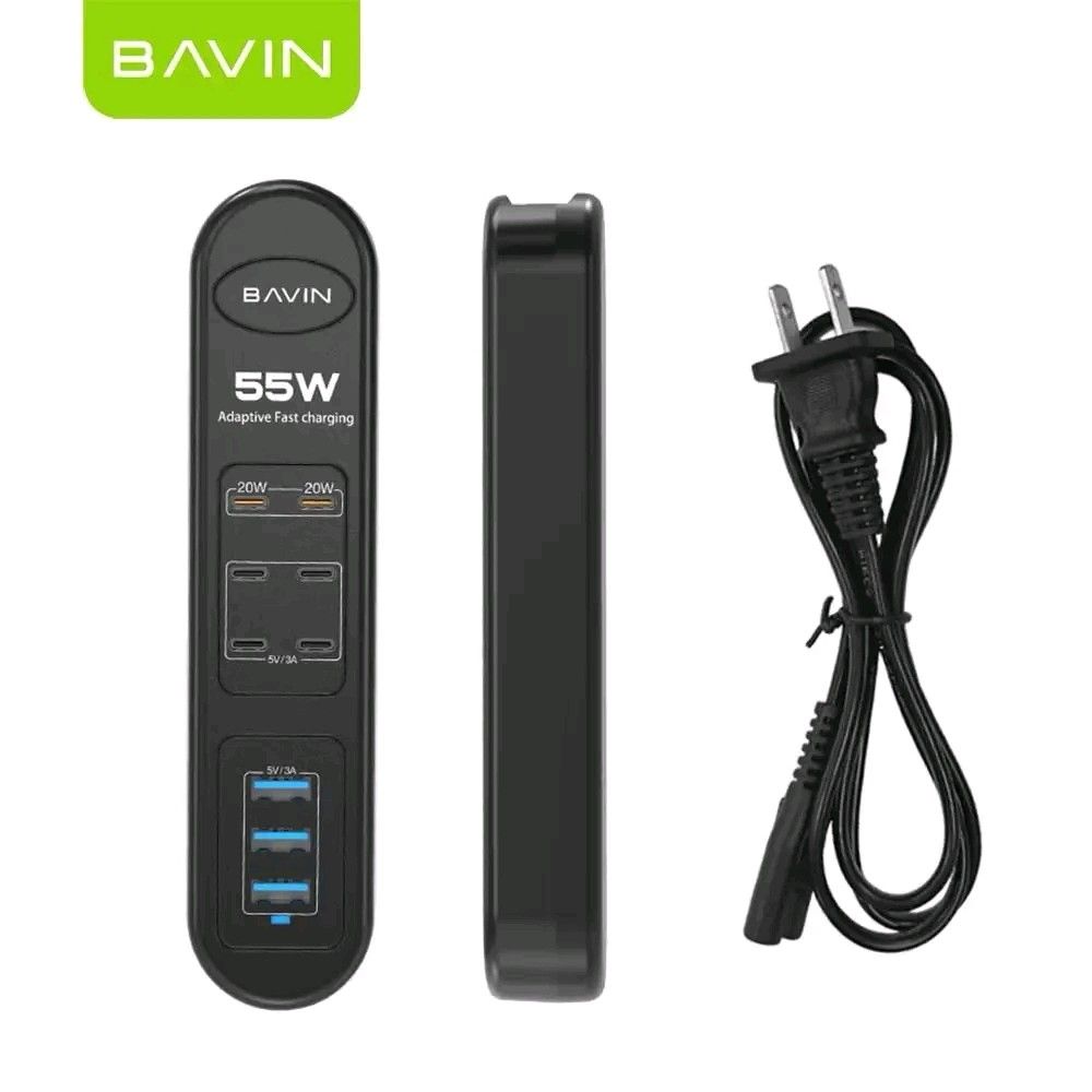 Bavin PC-2109 55W Adaptive Fast Charging Power Strip (Category: Electrical, Adaptors & Sockets) located in Manila. Submitted by marvieobordo (Listing ID 1452925801, Image 2). Description: - Bavin PC-2109 55W Adaptive Power Strip - Features 2 Type-C ports with up to 20W fast charging - Includes 3 USB-A ports for versatile charging - Globally compatible with 110V-260V input voltage - Ideal for travel, business trips, and everyday use - Built-in mul