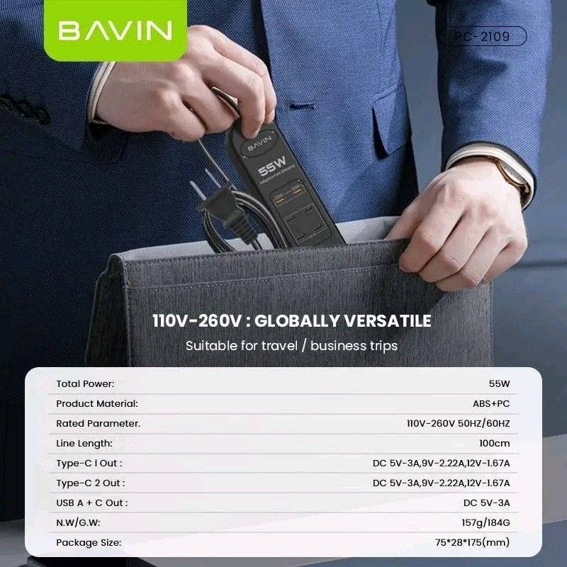 Bavin PC-2109 55W Adaptive Fast Charging Power Strip (Category: Electrical, Adaptors & Sockets) located in Manila. Submitted by marvieobordo (Listing ID 1452925801, Image 3). Description: - Bavin PC-2109 55W Adaptive Power Strip - Features 2 Type-C ports with up to 20W fast charging - Includes 3 USB-A ports for versatile charging - Globally compatible with 110V-260V input voltage - Ideal for travel, business trips, and everyday use - Built-in mul