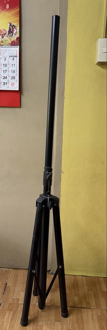 Black Adjustable Tripod Speaker Stand (Category: Soundbars, Speakers & Amplifiers) located in Manila. Submitted by jmoni (Listing ID 1453050026, Image 1). Description: - Sturdy black speaker stand - Adjustable height with secure locking mechanism and chain - Stable tripod base - Folds for easy transport and storage - Ideal for events, parties, or home use.