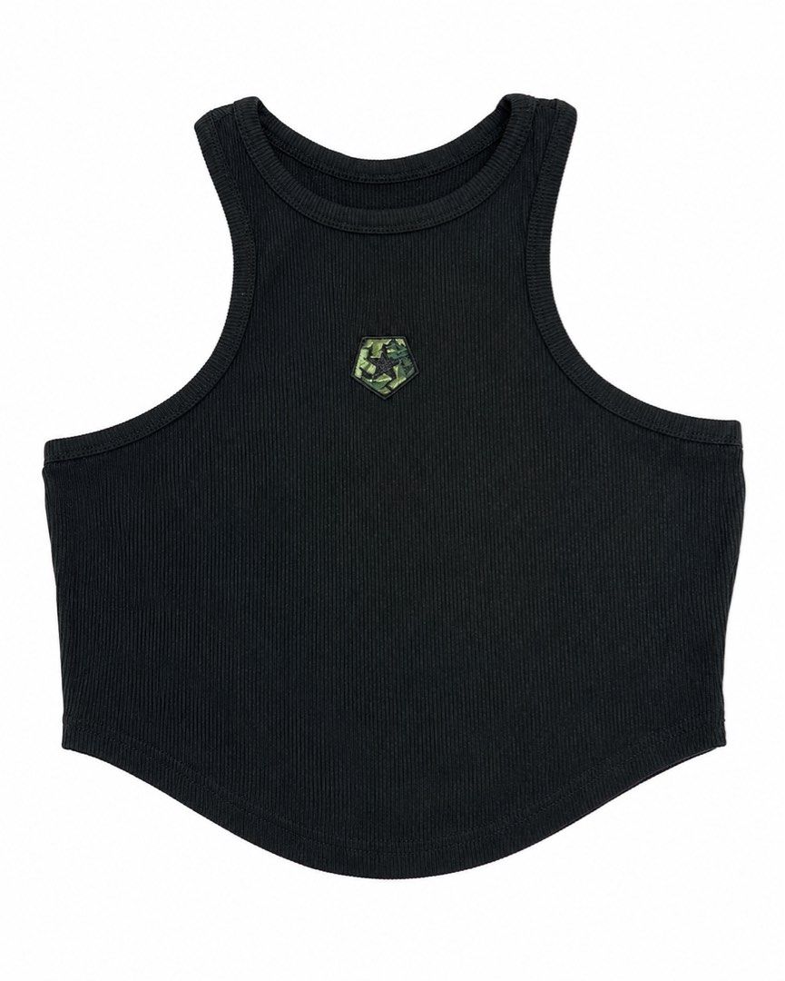 Black Ribbed Tank Top with Camo Logo (Category: Sleeveless) located in Manila. Submitted by latte_crystal (Listing ID 1453050146, Image 1). Description: - Black ribbed fabric - Cropped fit - Curved hemline - Small hexagonal patch with camouflage design on chest - Versatile for layering or solo wear.
