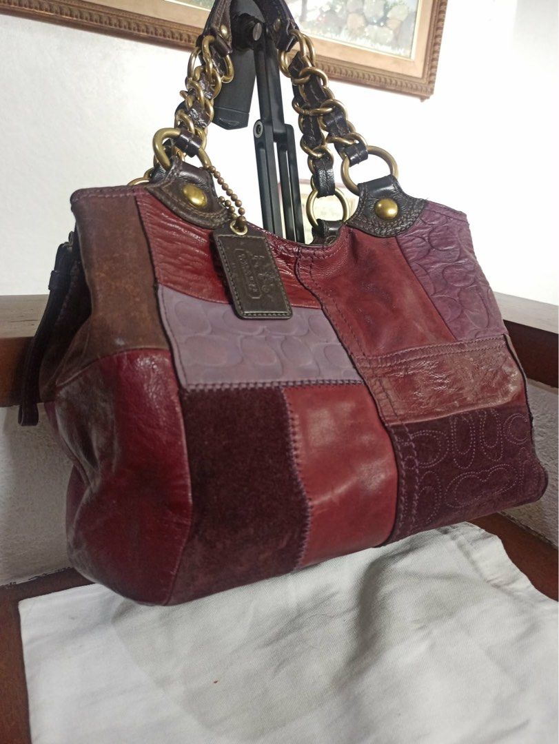 vintage 2009 Coach Bleecker Patchwork Zip Tote (Style F14045) (Category: Luxury Bags & Wallets) located in Quezon City. Submitted by aparador_finds (Listing ID 1452941962, Image 2). Description: - Authentic Coach bag - Unique patchwork design (burgundy, brown, purple) - Leather exterior with gold-tone chain accents - Purple satin interior with multiple pockets - Zipper closure - Ideal for everyday use.