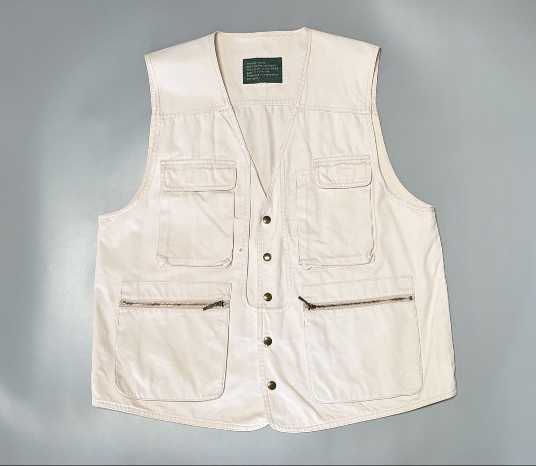 multipocket denim tactical vest (Category: Coats, Jackets and Outerwear) located in Quezon City. Submitted by archivesbya (Listing ID 1452925439, Image 1). Description: cream multipocket tactical vest Condition: 10/10 Size: M width: 21 inch Length: 24.5 inch Issue: small dirt on back and front.